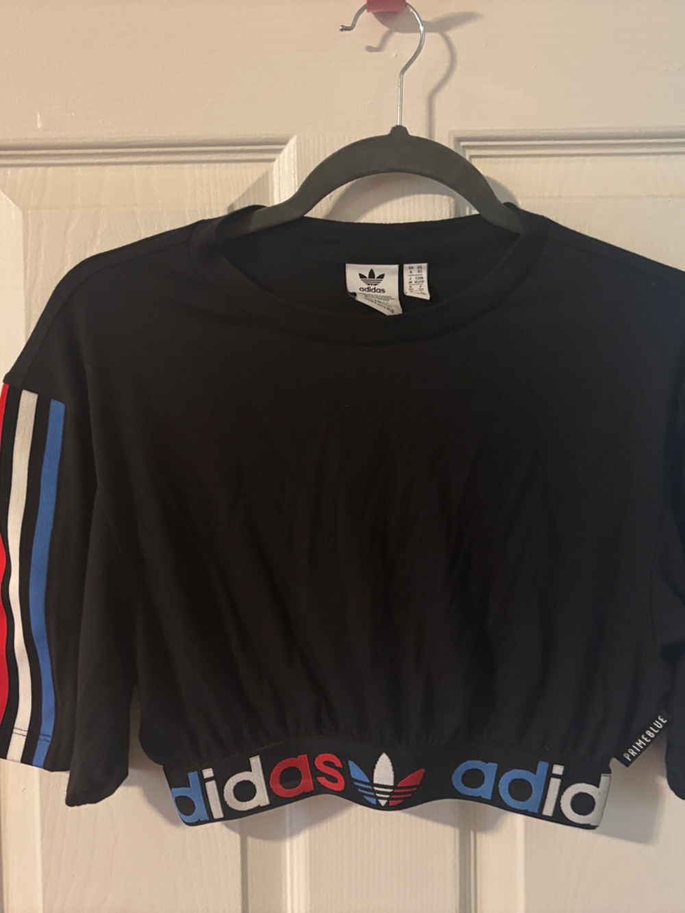 adidas Black Cropped Tee with Red, White & Blue Sleeve Stripes